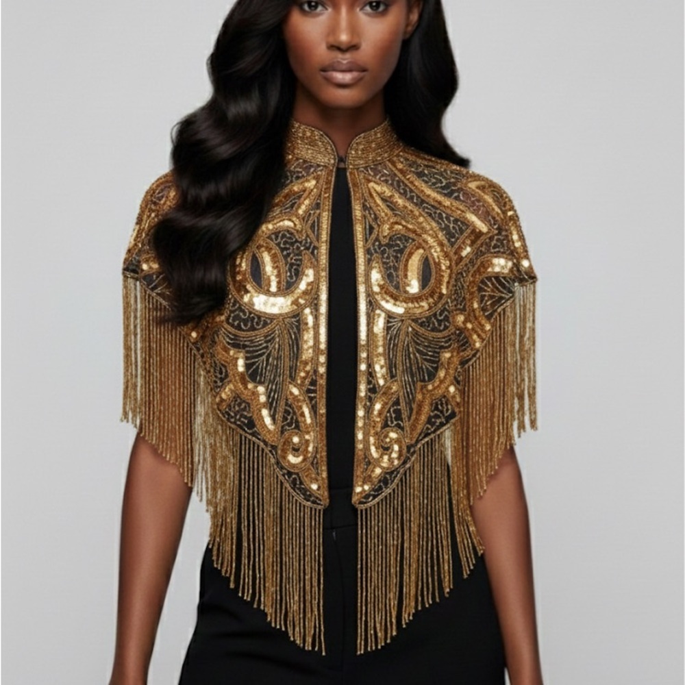 Gold Art Deco Beaded Fringe and Sequin Cape